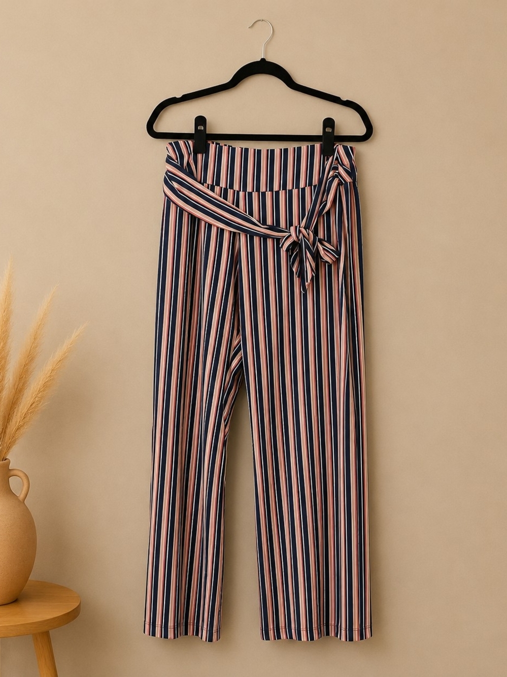 Striped Tie-Waist Wide Leg Pants - Navy & Pink